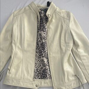 DKNY Cream Leather Jacket with Animal Print Lining
